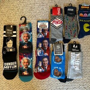 NWT men’s socks, selling as a lot of 9. Novelty socks.
